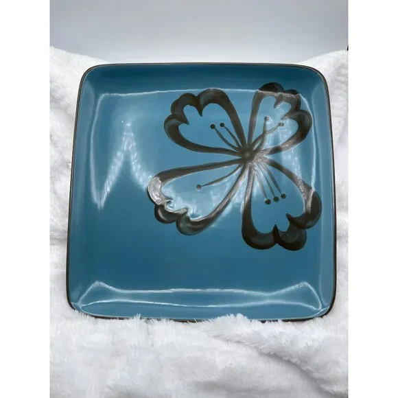 Pier 1 Hibiscus Square Plate Brown Turquois Dinner Discontinued Pattern Set of 4 - Picture 6 of 8